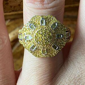 Natural Yellow Diamond Sterling Silver Art Deco Ring Size 7